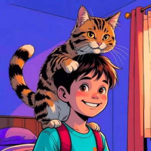  A boy stands with a cat on his shoulders and the cat's tail is across the boy's face. You can see the boy grinning. The scene is a warm boy's bedroom in purple.