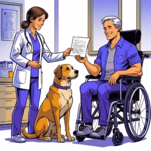 A therapist hands a dog owner a letter. The dog sits patiently at the owner's feet.  The owner is in a wheelchair. The scene is a medical office.