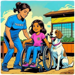A young girl in a wheelchair with her dog at a dog training school. There is is a teacher near her with "TRAINER" on her t-shirt. The scene is colourful and vibrant.