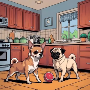 Space saving emotional support dogs. A living room / kitchen with a Chihuahua, Pug, and Bichon Frise playing with a ball.