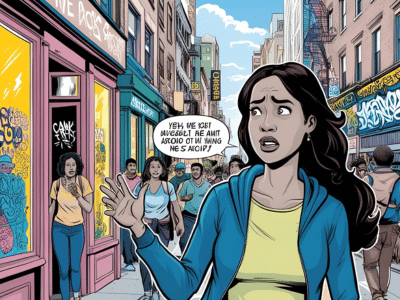 A woman walks along a street talking to herself, while other people stare in astonishment.