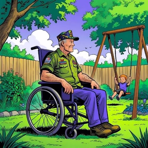A veteran on housebound benefits sits relaxed and smiling in a wheelchair in his garden. He is watching his son play on a swing.