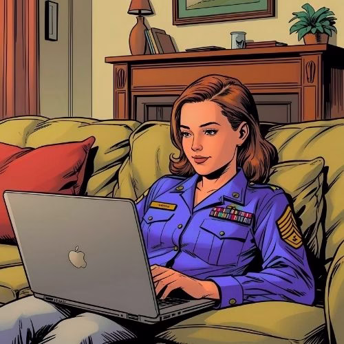  A young veteran woman lays on her sofa in the living room. She is looking up websites on her laptop to apply for housebound benefits. The living room is cozy and warm.