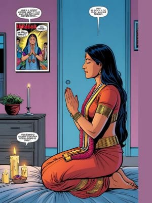 An woman in a sari kneels on her bed in a praying position. A candle is lit in front of her. 
