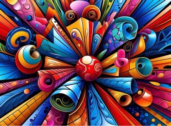 Digitally produced zentangle arts and crafts, which looks like brightly coloured patterned scrolls, with blue, yellow, red and pink.