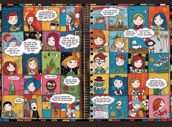 A scrapbook full of comic stickers, showing a way to create arts and crafts without effort.