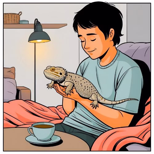 Housebound person calmly holding a bearded dragon, sharing a quiet moment of connection.
