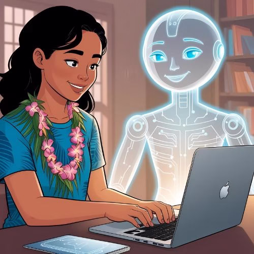 A comic-style person types on a laptop while a translucent, glowing AI figure gently appears beside them, friends with an AI.