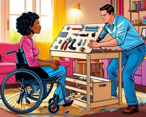 A man shows a range of tools to a lady in a wheelchair. Her new hobby is DIY to make friends while housebound.