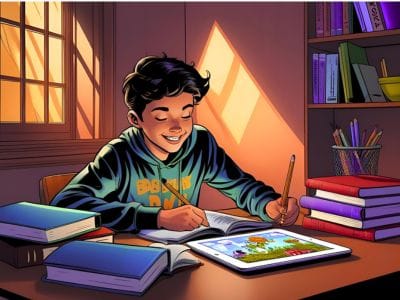 Homebound schooling: a young student attending an online class from home, surrounded by schoolbooks and a tablet on a desk.