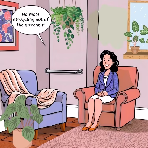 A metallic grab rail installed beside an armchair, illustrating support in living space adaptations. A woman sits on one armchair, a throw over another. Pot plants and a window give a cosy atmosphere.