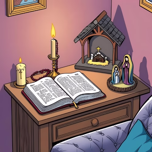 Create a peaceful corner with a Bible on a stand, rosary, nativity scene, lit candle, and comfy armchair, showcasing a housebound spiritual support nook.