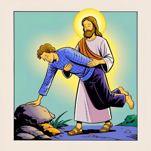 Illustration of Jesus supporting or carrying a tired person, showing comfort and strength in a peaceful setting.Illustration of Jesus supporting or carrying a tired person, showing comfort and strength in a peaceful setting.