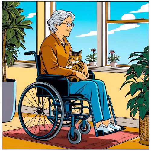 An older woman sits alone in a wheelchair with her cat on her lap and could benefit from an Intergenerational companion