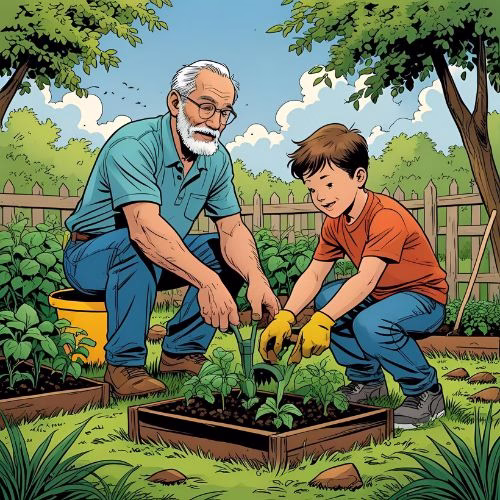 An elder man shows a boy gardening as an example of an intergenerational support system