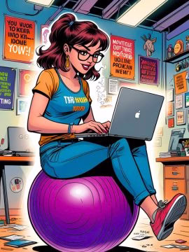 Comic book style. A woman sat on a purple balance ball, while she is typing, which is a comfort productivity tip.