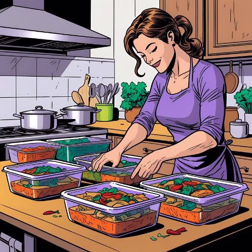 Batch cooking in a home kitchen, and putting portions into plastic tubs for freezing later. This is an example of housebound budgeting.