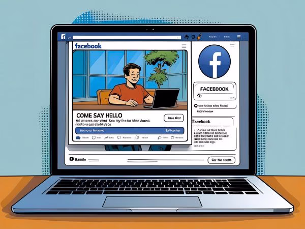 Comic book style. A laptop open to Facebook, with “Come say hello” as a Facebook heading.