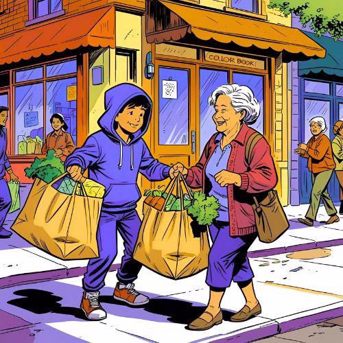 A boy wearing a hoodie helps a lady with her shopping, showing how intergenerational fears can be overcome