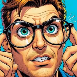 Comic book style. A close up of a man with really thick glasses and extra large magnified eyes squinting who needs to utilise screen readers in his home office