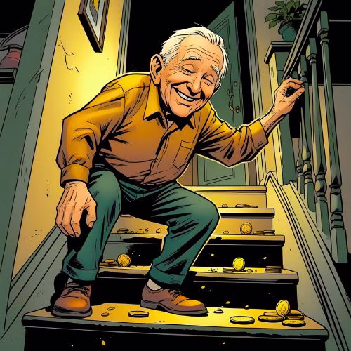 An elderly man pauses for breath as he climbs up the staircase at home. As he pauses, he sees a few coins glistening on the step in front. He smiles with delight. Housebound budgeting one step at a time.