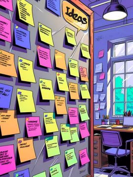 Comic book style. Post-it board covered in productivity tips.