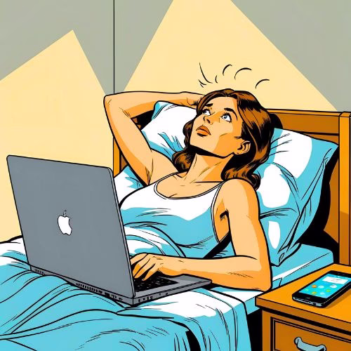 Comic book style image. A woman lays in bed starring at the ceiling, her laptop open in front of her, her mobile phone rings on the bedside cabinet beside her. She needs productivity tips for focus.