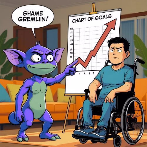 A shame gremlin is pointing to a chart of goals for housebound budgeting. It has a downward line. Also a man sits in a wheelchair looking fed up. They are in a brightly lit living room.