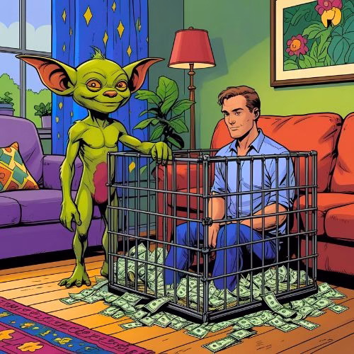 A living room scene, which is colourful and cosy. A shame gremlin stands next to a cage. Inside the cage is a trapped man, sitting down on the floor. The cage is covered with money. Housebound budgeting nightmares!