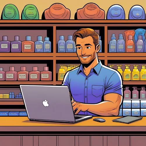 A man stands in front of his laptop managing his home business online shop