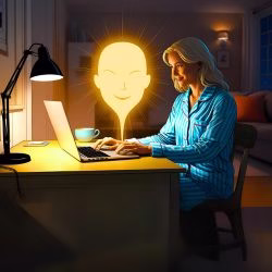A woman sits at her home office desk interacting with a glowing head, which represents speech to text.