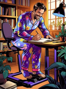 Comic book style. A man wearing  pyjamas, uses under desk ellipticals while writing in his journal about productivity tips.