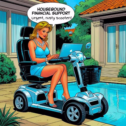  A woman searches Google on her laptop & the screen reads "Housebound financial support". She's sat on a really expensive mobility scooter which glistens. She's outside next to her swimming pool in a summer dress. She has a diamond necklace and earrings.