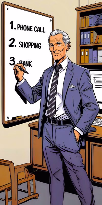 Comic book style. An older man dressed in casual smart clothes, writes "1. Phone call"; "2. Shopping"; "3. Bank" on a white board in his home office. He writes in black ink. An example of a productivity tip to use a white board for three tasks.