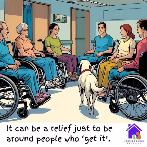 A group of people in wheelchairs meet in a hospital. Being around people in the same situation makes it easy to explain housebound issues.