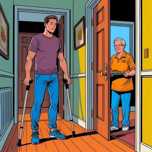 A young man on crutches indoors at home, stood in his hallway. He opens his front door for a meals on wheels delivery person, who is stood outside. Showing that even younger people need advocacy support and rely on others.