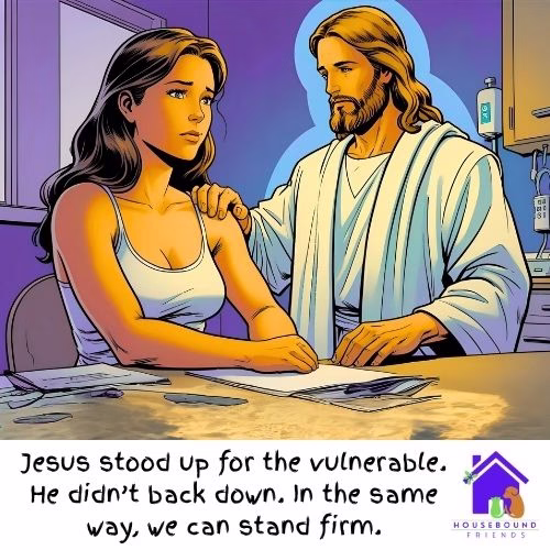 A woman at a clinic sat with a form. She looks worried. She looks straight ahead and doesn't see Jesus her advocacy support is stood next to her with his hand on her shoulder.