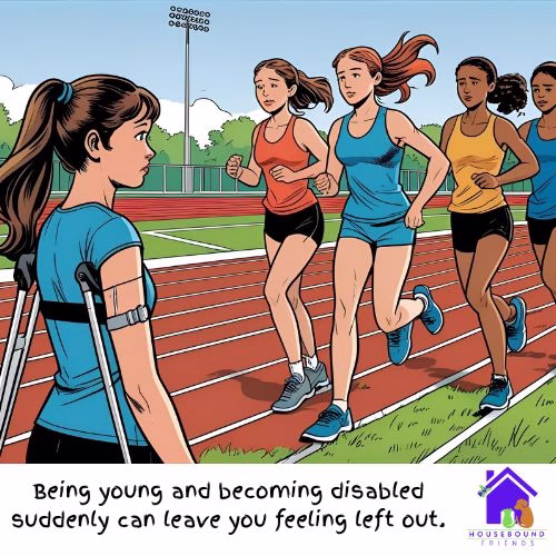 Comic book style. A teenage girl is on crutches, watching as her able bodied friends run around a sports track. She looks sad and cannot explain housebound life to the other girls.