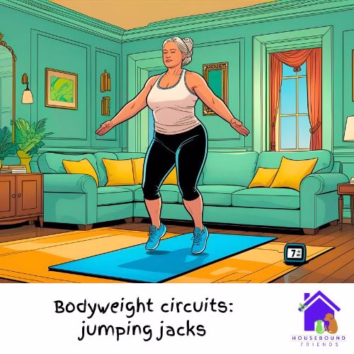A large lady doing jumping jacks as part of her bodyweight circuits, on a thick yoga mat,  in her living room. There is a timer on the floor showing 7 minutes. The living room is mint-green art deco.