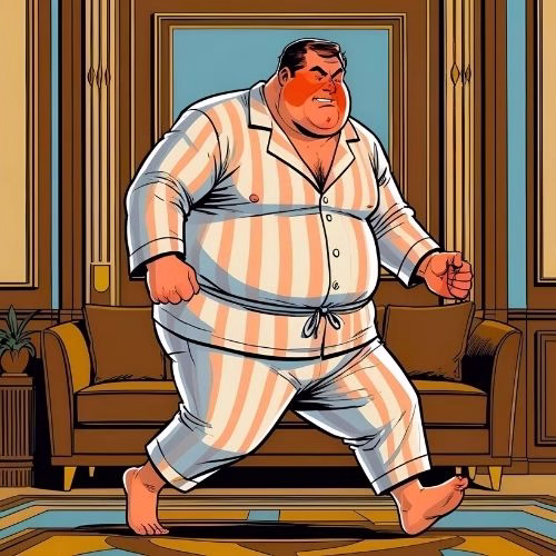 An overweight man in his pyjamas is marching on the spot as a part of HIIT workouts. The man is red faced and breathless. Scenery: a brown art deco living room.