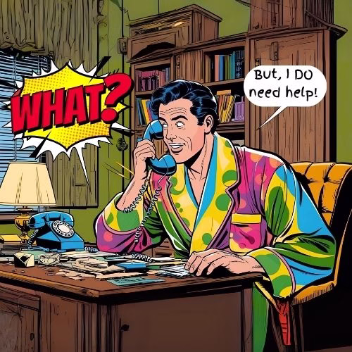 A man sits on the phone to home care services. He is sitting behind a desk with a brightly coloured dressing gown on at home. He exclaims "What?". And then says emphatically, "But I DO need help!"