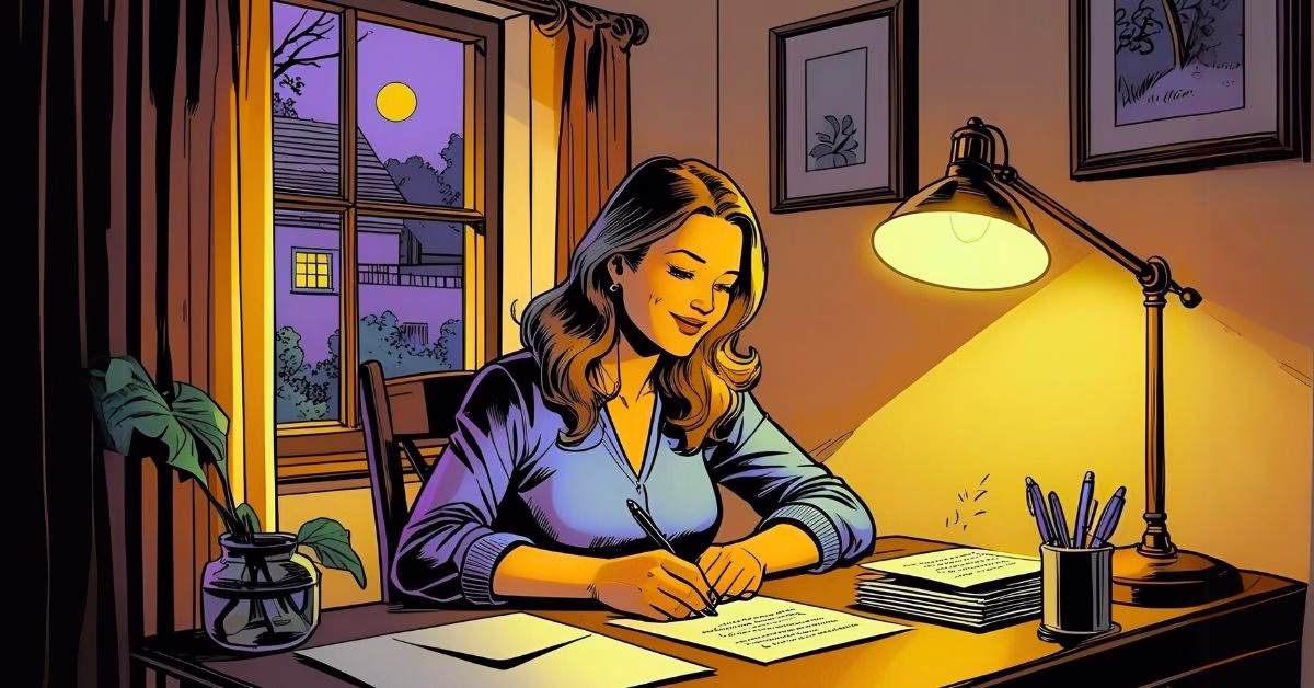 A cosy desk, pen and letter, with a warm light from inside a house. A woman sits at the desk.