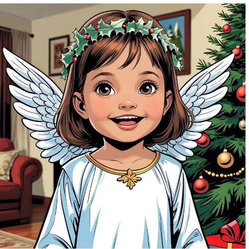 A young child with Down's syndrome, with a joyful expression. Her cool hobby is to dress up. Currently, she is dressed as an angel for a Christmas play at home. She is stood by the Christmas tree in the living room.