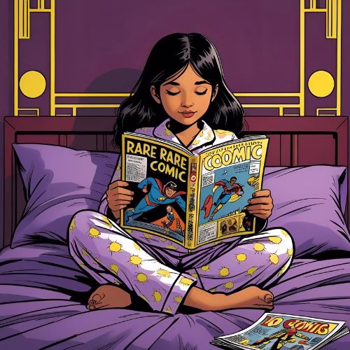A girl sits on her bed in pyjamas. She's reading her favourite rare comic magazine. Reading is her cool hobby. Her bedroom is a deep plum colour, with small pops of yellow in an art deco style.