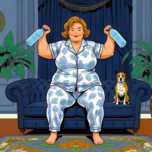 A large lady in pyjamas does bicep curls with a water bottle in each hand as an example of HIIT workouts. She's sat on her sofa. Scenery: an art deco navy room with a large navy chesterfield sofa and a plants, with a sitting dog.