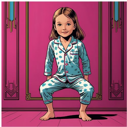 A young girl in pyjamas doing some home exercise, with her back against the wall and knees bent in a squat. She is in her bedroom which is a deep pink colour in an art deco style.