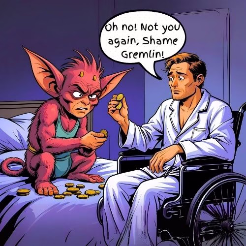 A man is visited in his bedroom by the Shame Gremlin, which is a pink big earred monster with a turquiose blue costume. The Shame Gremlin is making the man feel bad about asking for money and counts coins on the bed in front of him as a representation of services that disrespect people's disability rights.