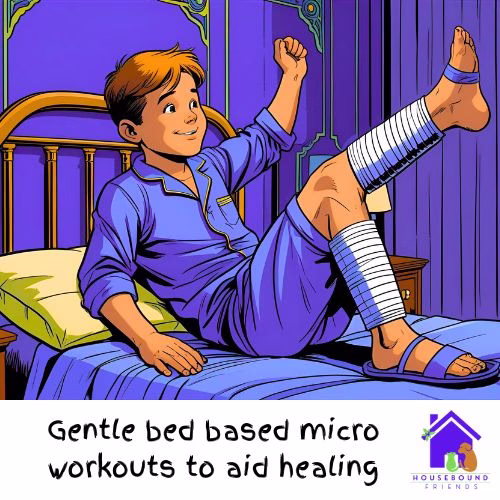  A boy with a leg in a wide bandage, raising his leg in the air. He is in his pyjamas and slippers on his feet, lying on his bed, in a blue art deco bedroom. He is doing bed based micro workouts.