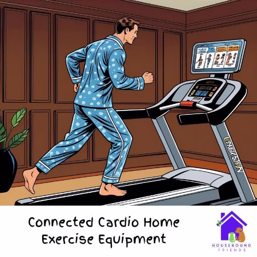 Comic book style. A man dressed in pyjamas is running on his connected home exercise treadmill, looking at the display. The room is a brown art deco home gym.