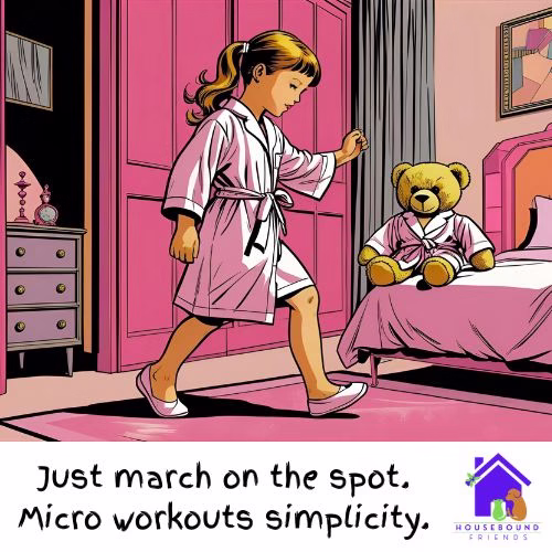 A young girl in her dressing gown and nightie, marching on the spot - a leg raised - as part of micro workouts. She's in her bedroom looking at her Teddy Bear, who is in a matching dressing gown. The scene is a pink art deco bedroom.